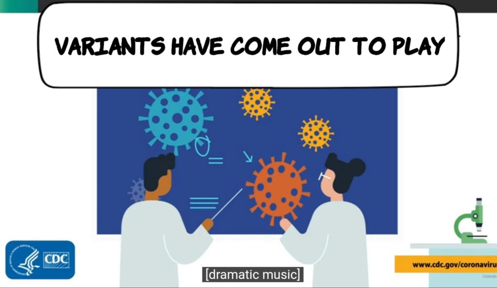 Cartoon of scientists with virus variants: Variants have come out to play.