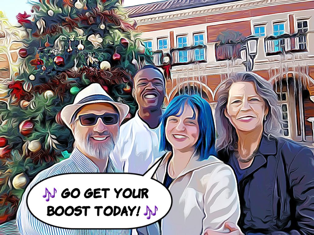 The whole fam before an xmas tree: Go get your boost today