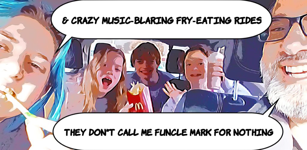 Cousins with fries and tunes in the van with Funcle Mark