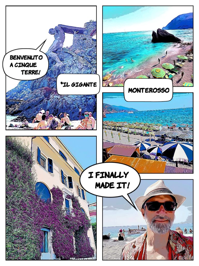 photos from Cinque Terre: I finally made it. Il Gigante statue says Benvenuto a Cinque Terre. Beach and charming building. Monterosso