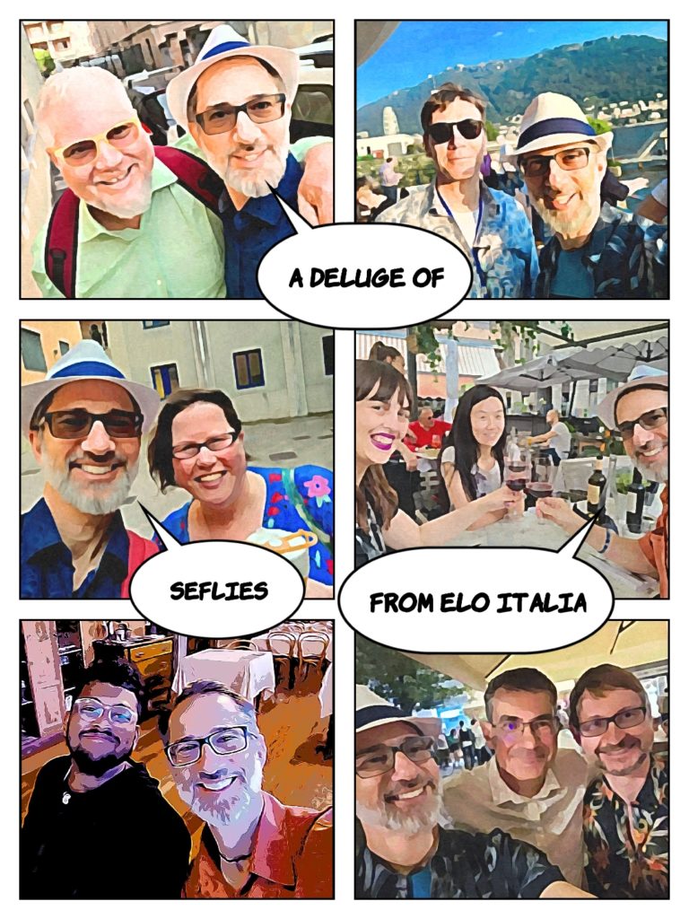 Various selfies at ELO italia with Leo Flores, Søren Pold, Lyle Skains, Sarah Ciston, Lai-Tze Fan, Samya Roy, Serge Bouchardon, and Hartmut Koenitz