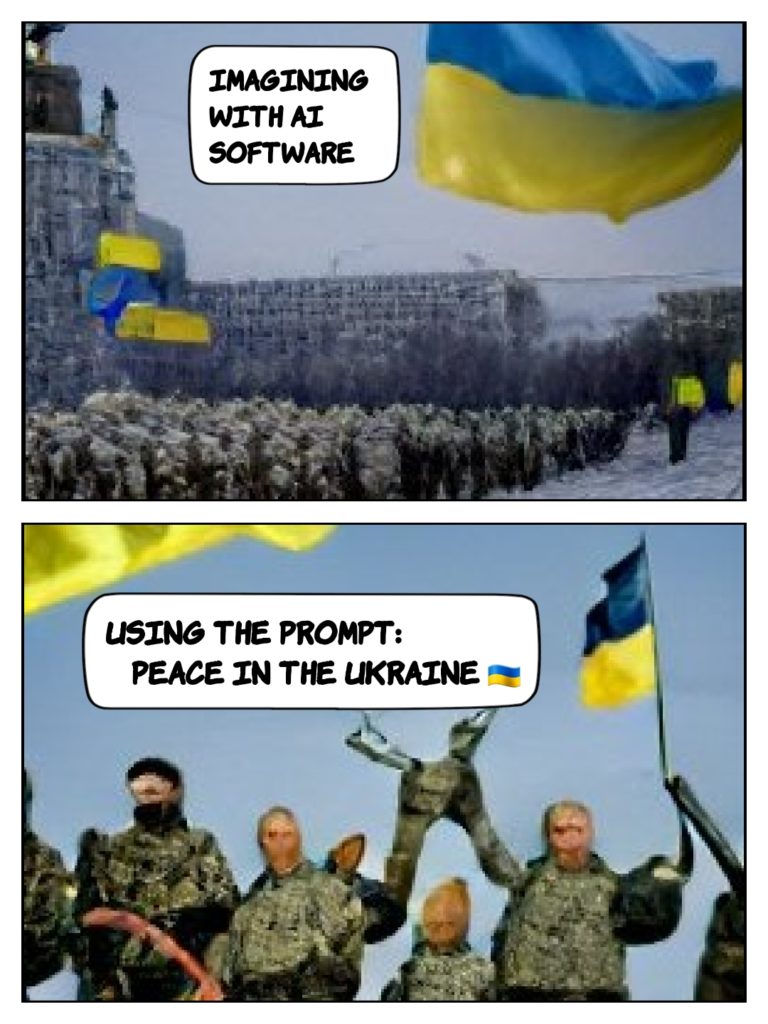 Dreaming with AI: Peace in the Ukraine, scenes of military parades, soldiers with arms up, a Ukrainian flag