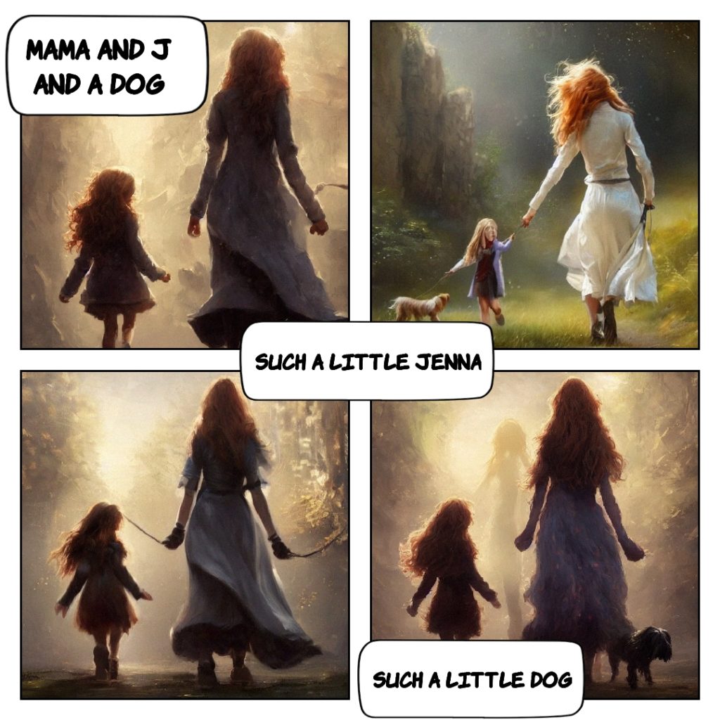 Mama, J, and  dog, dreamy images from AI, such a little j