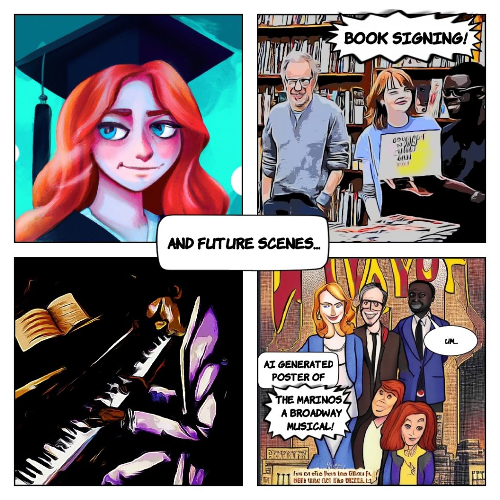 Future scenes: js graduation, a family book signing, d at the keyboard, Marino family musical