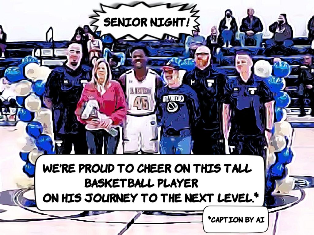 D surrounded by Mama and Papa and coaches on Senior Night for Basketball: We're  proud of this tall basketball player on his journey to the next level