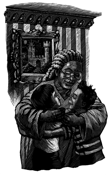 Mrs. Wobbles hugging a child